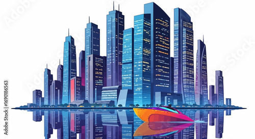 Futuristic cityscape with modern skyscrapers and a sleek flying vehicle reflecting on water at night.