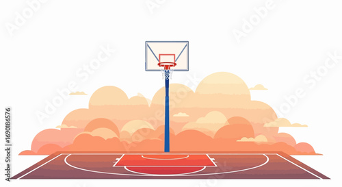 Empty basketball court with hoop against a vibrant sunset sky
