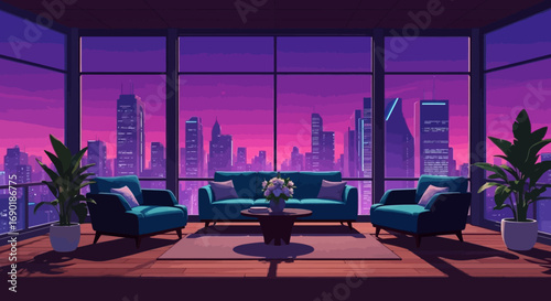 Serene modern apartment living room with city skyline at sunset