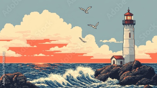 Pixel Art of a Coastal Lighthouse at Sunset with Waves and Seagulls in a Serene Ocean Landscape