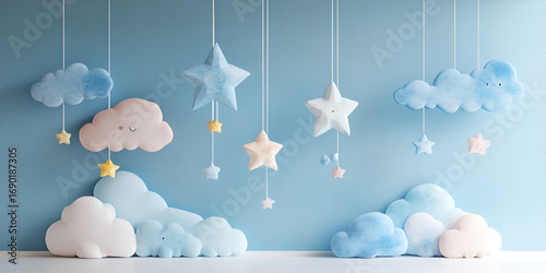 Cute Cloud and Star Nursery Wall Hanging Decorations in Soft Pastel Colors