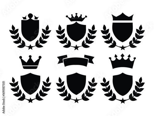 Collection of royal emblems shields crowns laurel wreaths stars and ribbons decorative elements