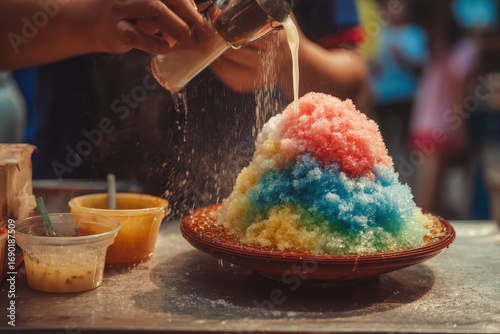 Colorful Shaved Ice Dessert Being Prepared with Sweetened Milk.