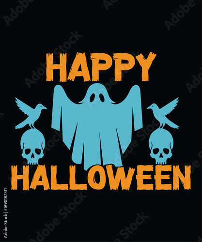 Spooky Ghost with Skulls and Ravens Happy Halloween Illustration.