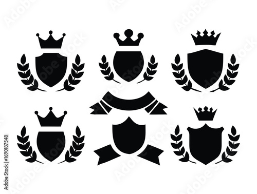 Heraldic shield emblems crowns laurels ribbons set royal crests design elements