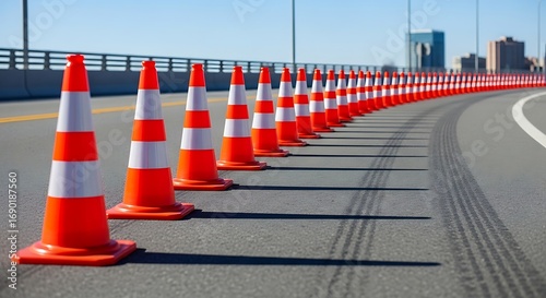 Orange traffic cones lined up on a highway.