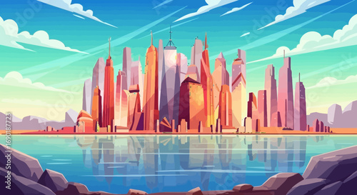 Vibrant cityscape reflection on calm water under a bright sky, symbolizing urban growth and modern architecture.