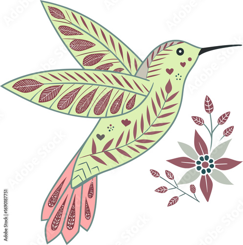 Artistic Hummingbird and Floral: A delicately illustrated hummingbird, adorned with intricate patterns, hovers gracefully near stylized flowers, celebrating nature's beauty.