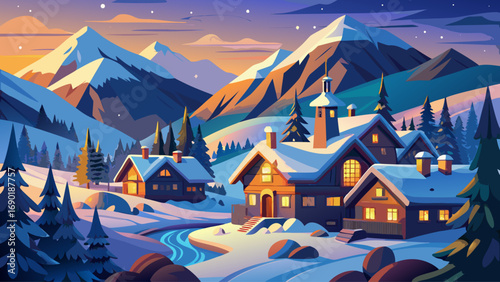Lofi art style illustration of a cozy European mountain village during winter, surrounded by snowy peaks and pine forests, warm glowing lights from small houses
