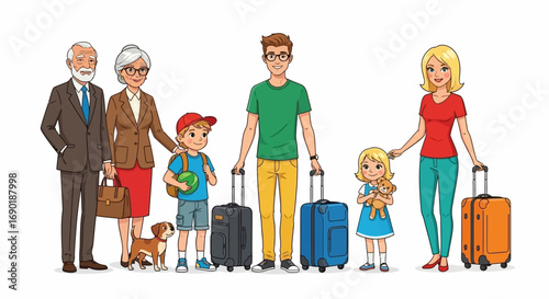 Happy multi-generational family with luggage ready for vacation together