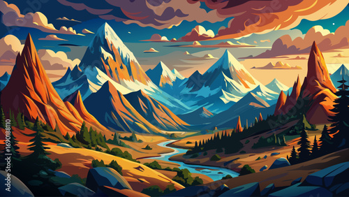 Stunning panoramic landscape with majestic mountain peaks and breathtaking views, dramatic sky above rugged cliffs and valleys, untouched natural scenery with vibrant colors, perfect for travel