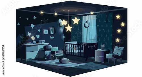 Enchanting nursery filled with glowing stars and butterflies, creating a magical bedtime atmosphere for a baby.