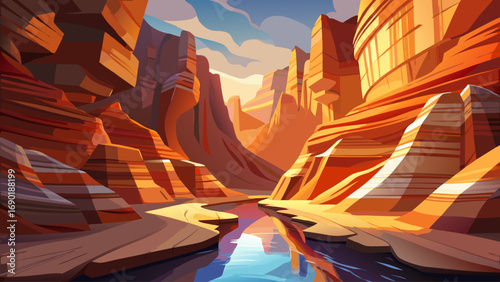 Scenic view of Antelope Canyon with its famous natural rock formations, narrow passageways carved by water over time, warm orange and red sandstone walls with smooth textures and dramatic light beams
