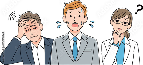 Vector vector art of three stressed business people looking confused and worried, transparent background