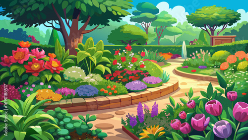 Beautiful lush garden bed filled with vibrant flowers, rich green foliage, and freshly laid mulch, colorful blossoms creating a lively yet serene outdoor space