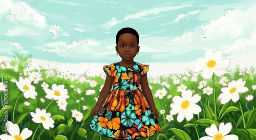 Young child with bright eyes stands in a sunny field of wildflowers, radiating innocence and joy.