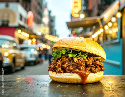 Juicy sloppy joe sandwich with lettuce dripping sauce on table blurry city street background