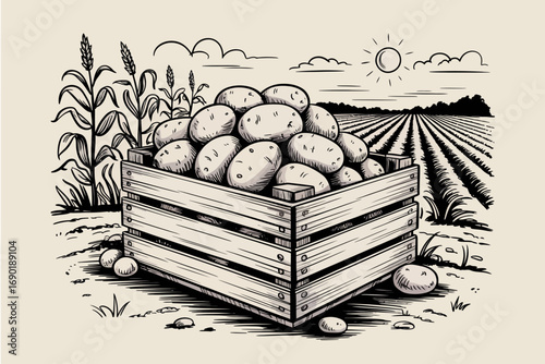Fresh Harvest Potatoes in Wooden Crate with Countryside Farm Field Background Rural Agriculture Scene