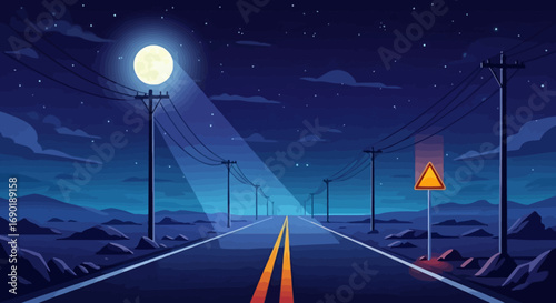 Expansive road stretching into a starry night under a glowing moon.