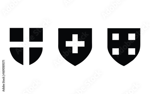 Three black shields with white cross and square symbols heraldic emblems for design
