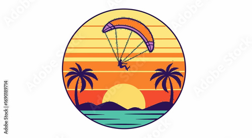Vibrant sunset over tropical beach with paraglider soaring high