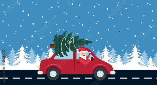 Joyful Santa drives a red car through a snowy forest with a Christmas tree on top.