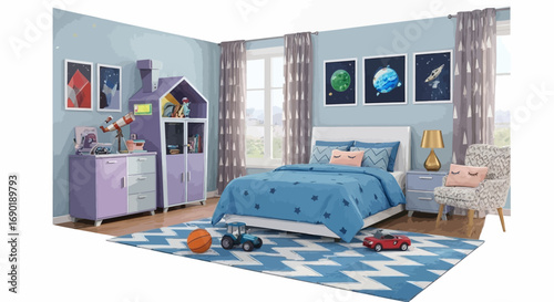 Vibrant children's bedroom with space-themed decor and playful toys, creating a fun and imaginative environment.