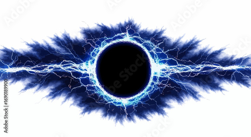 Mysterious black hole surrounded by glowing blue energy and lightning on a white background.