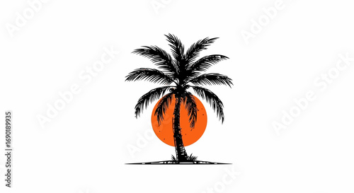 Silhouette of a palm tree against a vibrant orange sun on a white background