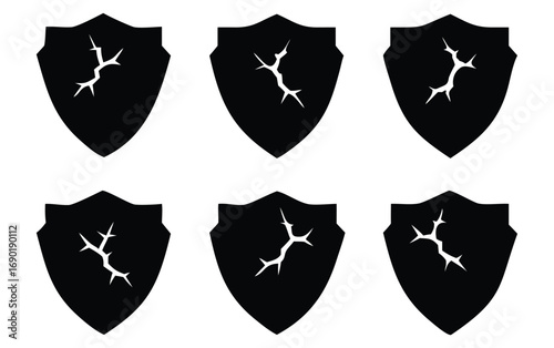 Six cracked black shield icons with white jagged lines representing damage or failure