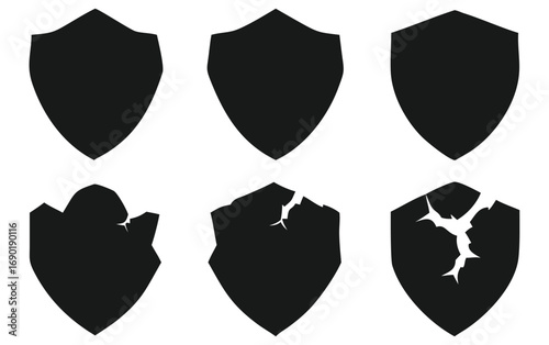 Six black shield silhouettes varying from intact to broken and damaged shapes