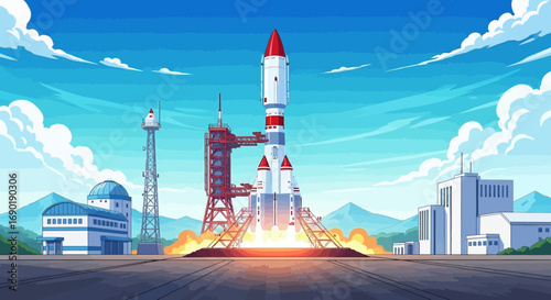 Powerful rocket blasts off from launchpad with fiery exhaust, reaching for the sky.