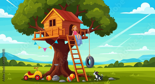 Joyful child plays in a whimsical treehouse with a playful dog and toys in a sunny meadow.