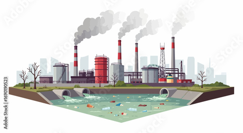 Industrial pollution flowing into a contaminated water source with city skyline in background
