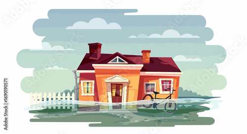 Charming house surrounded by floodwaters, highlighting natural disaster and property damage.