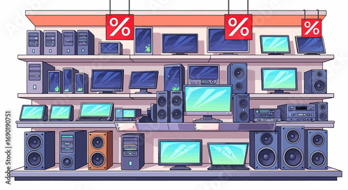 Electronic store shelves display a variety of computers and audio equipment on sale