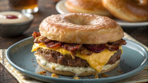 Classic Beef And Cheese Breakfast Doughnut Stuffed With Egg And Crispy Bacon, Golden Savory Pastry, Unique Sweet And Savory Fusion, Hearty Morning Treat And Comfort Food Delight