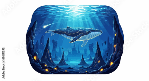 Majestic whale swims through a vibrant, glowing underwater landscape.