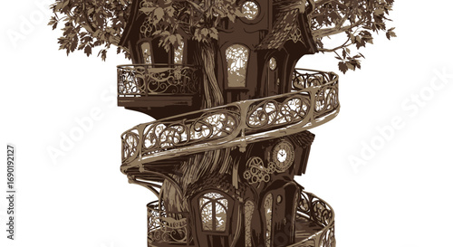 Whimsical treehouse with intricate spiral staircase and balconies, evoking fantasy and adventure.
