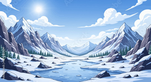Vast, serene winter valley with snow-capped mountains under a bright, sunny sky.
