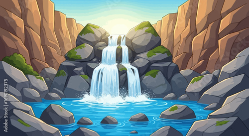 Serene waterfall cascades down rocky cliffs into a clear blue pool surrounded by nature.