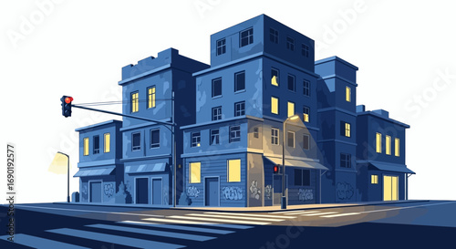 Urban cityscape at dusk with illuminated windows and traffic lights casting long shadows.