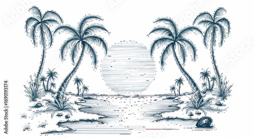 Serene tropical beach scene with palm trees and a large sun, rendered in a delicate sketch style.
