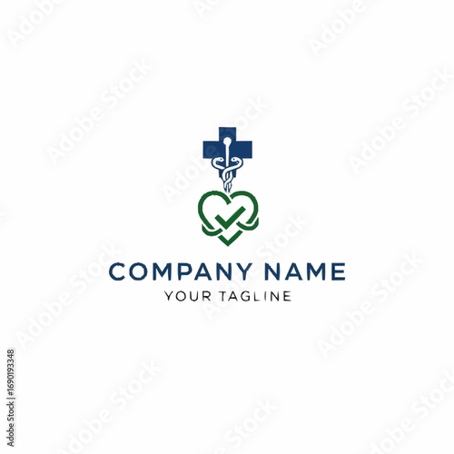 Medical logo featuring a cross, caduceus, heart, and checkmark, representing healthcare and wellness.