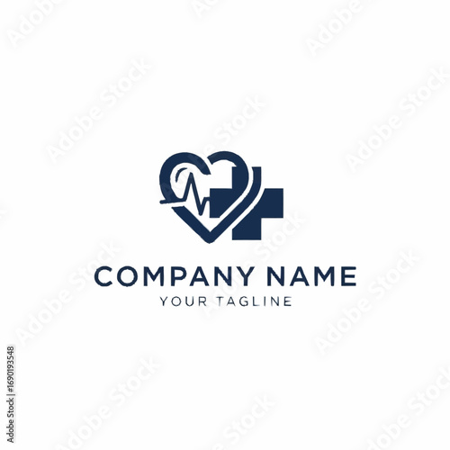 Logo design featuring a heart with a pulse line, a medical cross, and company branding elements.