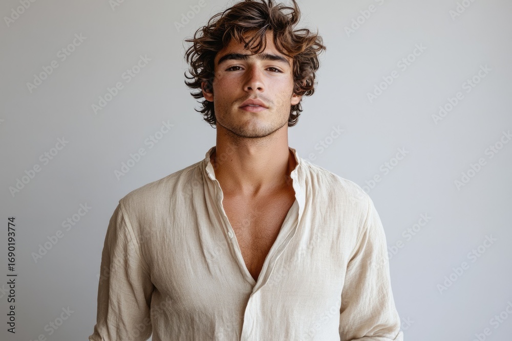 Obraz premium A young man with curly brown hair, wearing a light beige open shirt, poses against a neutral background.