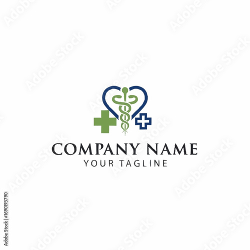Healthcare logo template featuring a heart, Rod of Asclepius, and two medical crosses, symbolizing care and medicine.