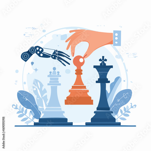 Woman's Hand Placing Pawn Between Chess Pieces And Robotic Arm