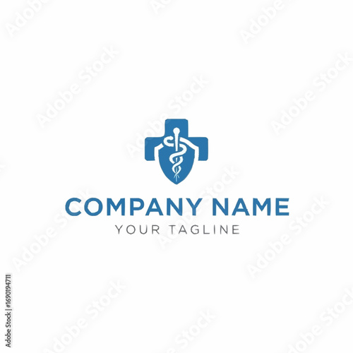Healthcare and protection logo concept with a blue cross, shield, and medical snake emblem.