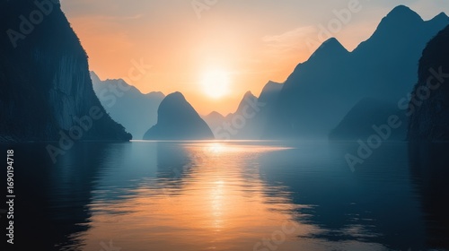 Sun Setting Behind Silhouetted Mountain Range Reflected in Calm Lake Water